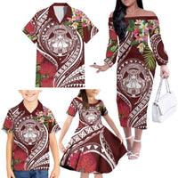 Aloha Hawaii Big Island Family Matching Off The Shoulder Long Sleeve Dress and Hawaiian Shirt Ohia Lehua Wahine LT7 Red - Polynesian Pride