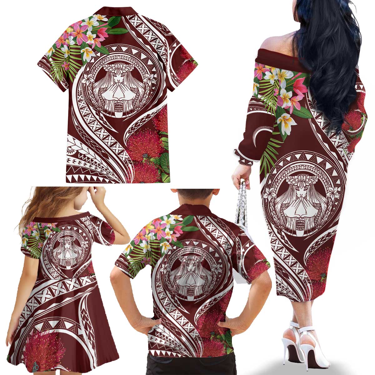Aloha Hawaii Big Island Family Matching Off The Shoulder Long Sleeve Dress and Hawaiian Shirt Ohia Lehua Wahine LT7 - Polynesian Pride