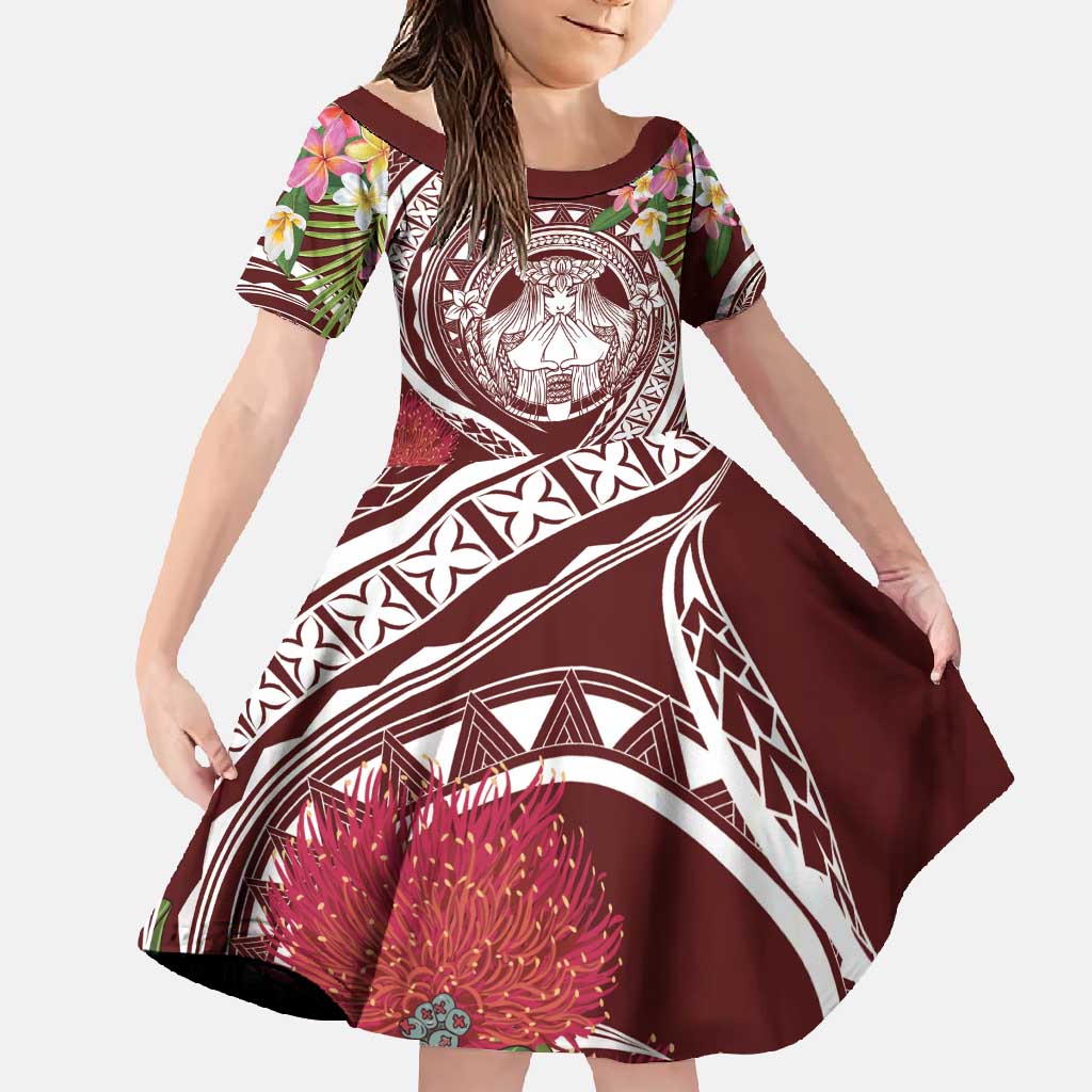 Aloha Hawaii Big Island Family Matching Off Shoulder Maxi Dress and Hawaiian Shirt Ohia Lehua Wahine LT7 Daughter's Dress Red - Polynesian Pride