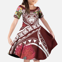 Aloha Hawaii Big Island Family Matching Off Shoulder Maxi Dress and Hawaiian Shirt Ohia Lehua Wahine LT7 Daughter's Dress Red - Polynesian Pride