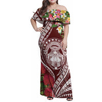 Aloha Hawaii Big Island Family Matching Off Shoulder Maxi Dress and Hawaiian Shirt Ohia Lehua Wahine LT7 Mom's Dress Red - Polynesian Pride