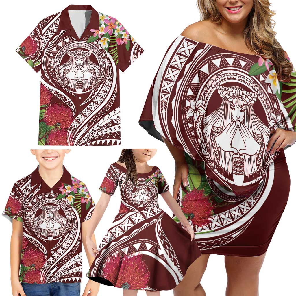 Aloha Hawaii Big Island Family Matching Off Shoulder Short Dress and Hawaiian Shirt Ohia Lehua Wahine LT7 - Polynesian Pride