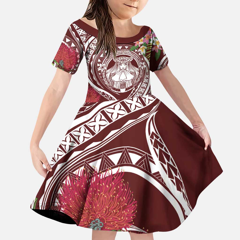 Aloha Hawaii Big Island Family Matching Puletasi and Hawaiian Shirt Ohia Lehua Wahine LT7 Daughter's Dress Red - Polynesian Pride