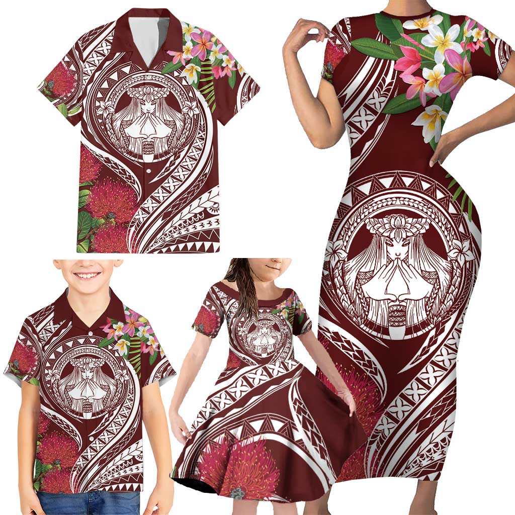 Aloha Hawaii Big Island Family Matching Short Sleeve Bodycon Dress and Hawaiian Shirt Ohia Lehua Wahine LT7 - Polynesian Pride