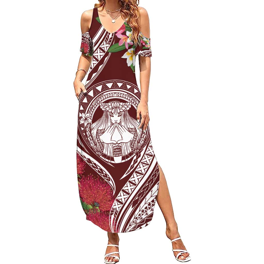 Aloha Hawaii Big Island Family Matching Summer Maxi Dress and Hawaiian Shirt Ohia Lehua Wahine LT7 Mom's Dress Red - Polynesian Pride