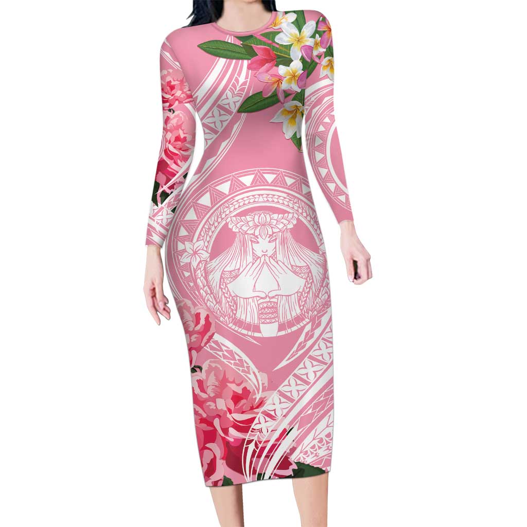 Aloha Hawaii Maui Family Matching Long Sleeve Bodycon Dress and Hawaiian Shirt Goddess Lokelani Rose LT7 Mom's Dress Pink - Polynesian Pride