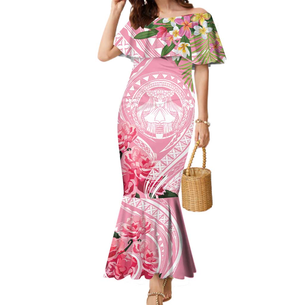 Aloha Hawaii Maui Family Matching Mermaid Dress and Hawaiian Shirt Goddess Lokelani Rose LT7 Mom's Dress Pink - Polynesian Pride