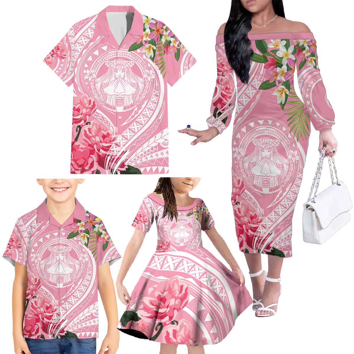 Aloha Hawaii Maui Family Matching Off The Shoulder Long Sleeve Dress and Hawaiian Shirt Goddess Lokelani Rose LT7 Pink - Polynesian Pride