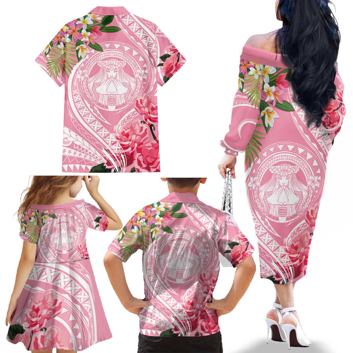 Aloha Hawaii Maui Family Matching Off The Shoulder Long Sleeve Dress and Hawaiian Shirt Goddess Lokelani Rose LT7 - Polynesian Pride