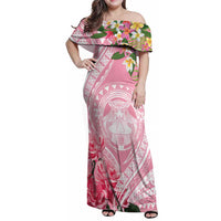Aloha Hawaii Maui Family Matching Off Shoulder Maxi Dress and Hawaiian Shirt Goddess Lokelani Rose LT7 Mom's Dress Pink - Polynesian Pride
