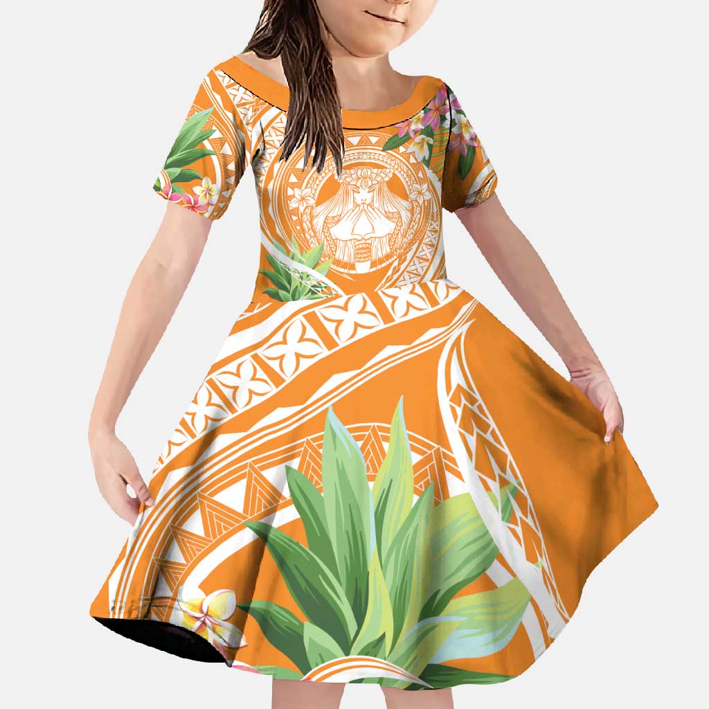 Aloha Hawaii Lanai Family Matching Long Sleeve Bodycon Dress and Hawaiian Shirt Frangipani Mix Pineapple LT7 Daughter's Dress Orange - Polynesian Pride