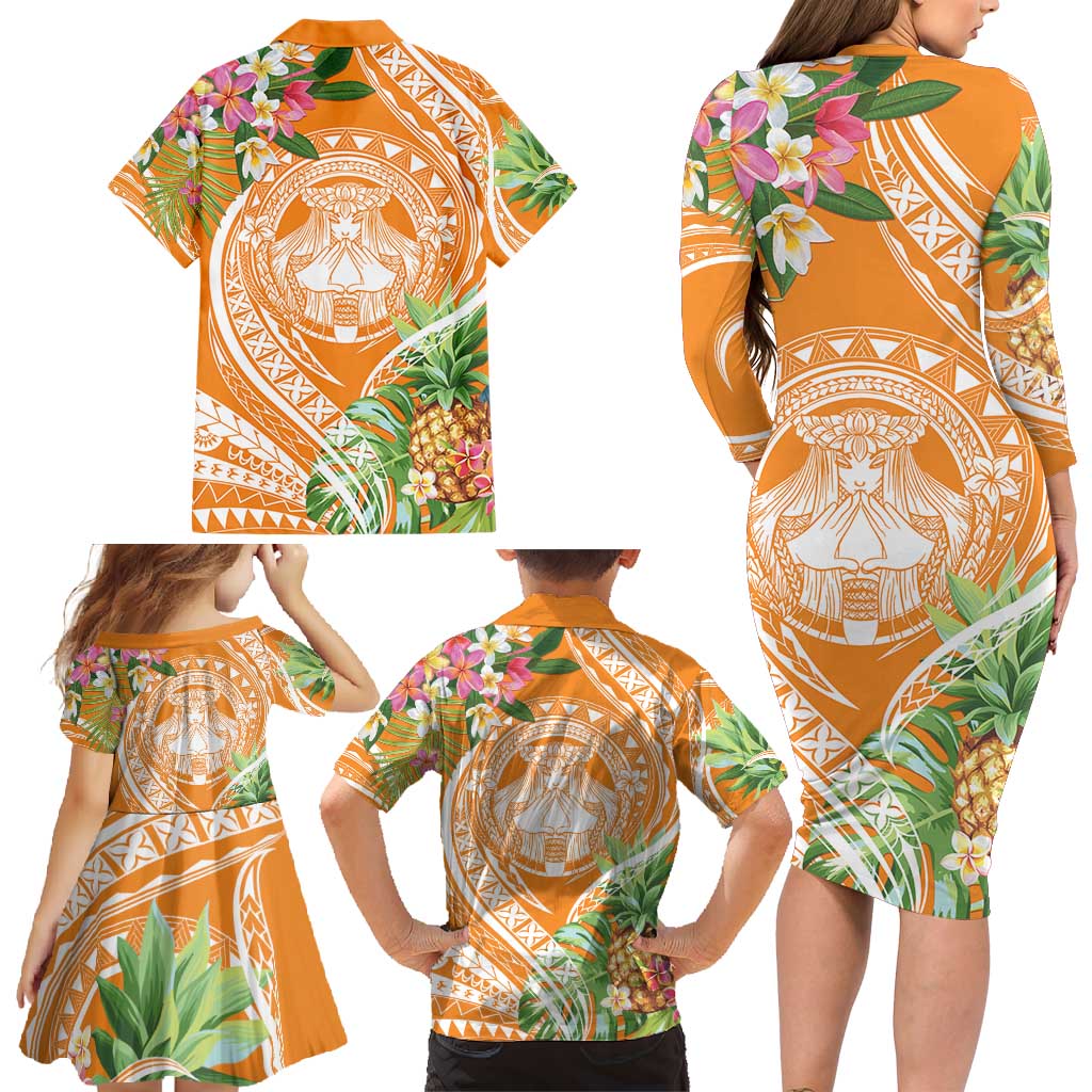 Aloha Hawaii Lanai Family Matching Long Sleeve Bodycon Dress and Hawaiian Shirt Frangipani Mix Pineapple LT7 - Polynesian Pride