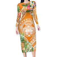 Aloha Hawaii Lanai Family Matching Long Sleeve Bodycon Dress and Hawaiian Shirt Frangipani Mix Pineapple LT7 Mom's Dress Orange - Polynesian Pride