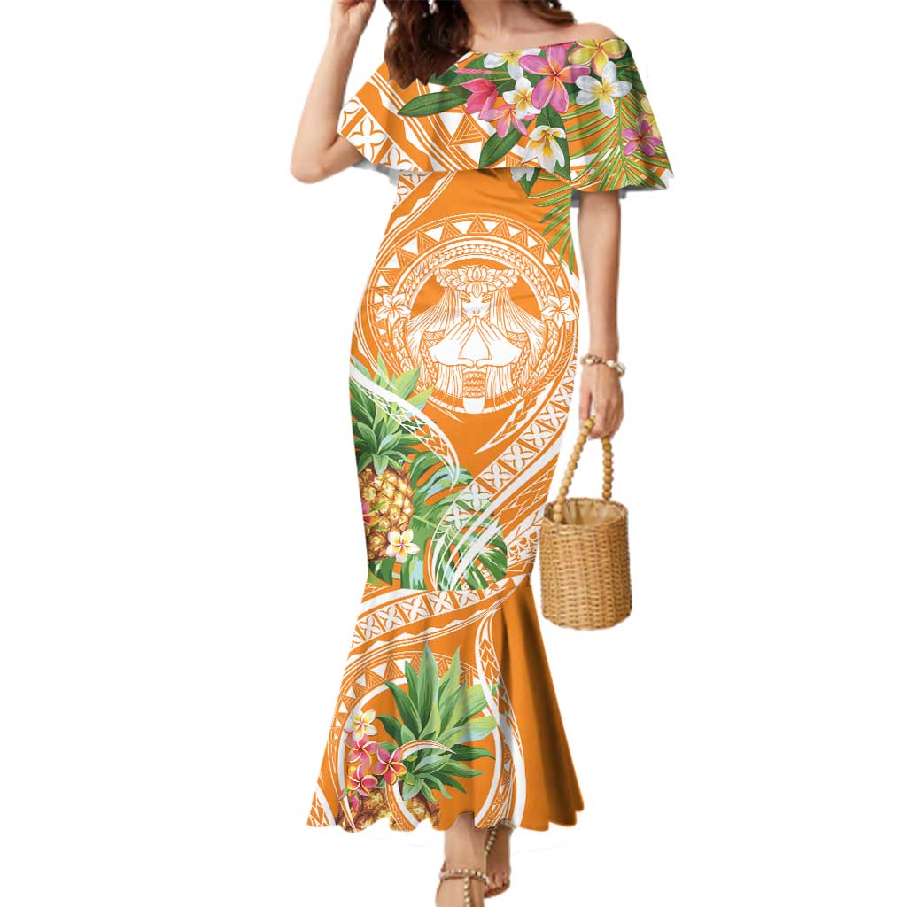 Aloha Hawaii Lanai Family Matching Mermaid Dress and Hawaiian Shirt Frangipani Mix Pineapple LT7 Mom's Dress Orange - Polynesian Pride