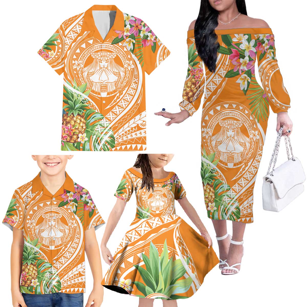 Aloha Hawaii Lanai Family Matching Off The Shoulder Long Sleeve Dress and Hawaiian Shirt Frangipani Mix Pineapple LT7 Orange - Polynesian Pride