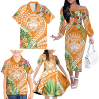 Aloha Hawaii Lanai Family Matching Off The Shoulder Long Sleeve Dress and Hawaiian Shirt Frangipani Mix Pineapple LT7 Orange - Polynesian Pride