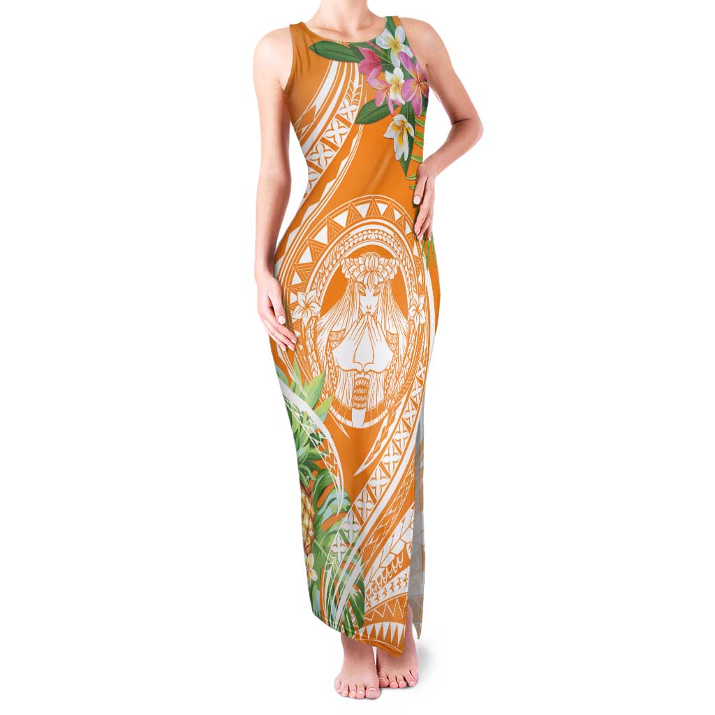Aloha Hawaii Lanai Family Matching Tank Maxi Dress and Hawaiian Shirt Frangipani Mix Pineapple LT7 Mom's Dress Orange - Polynesian Pride