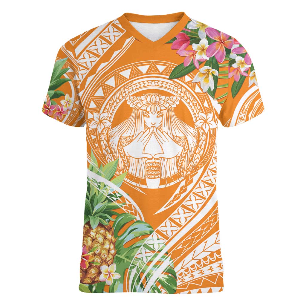 Aloha Hawaii Lanai Women V-Neck T-Shirt Frangipani Mix Pineapple