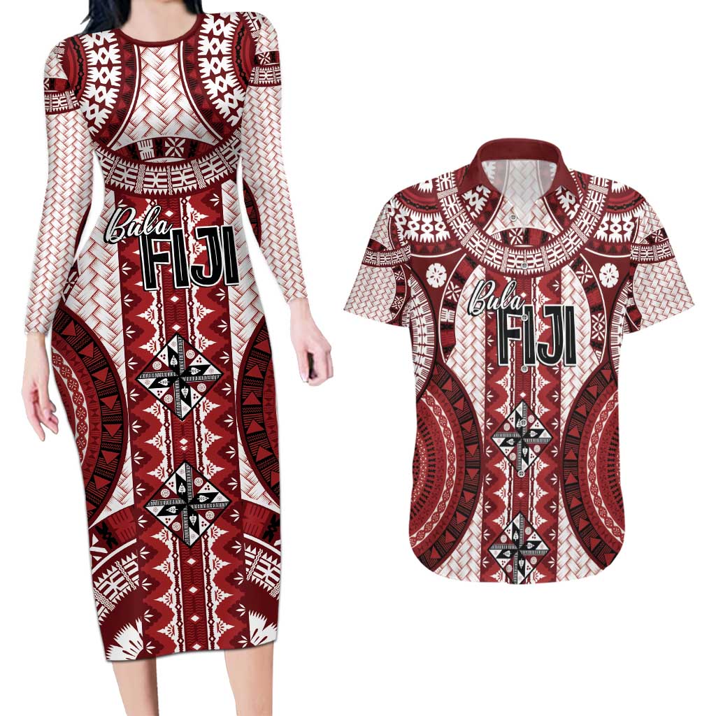 Bula Fiji Vintage Couples Matching Long Sleeve Bodycon Dress and Hawaiian Shirt Scarlet Masi Motifs