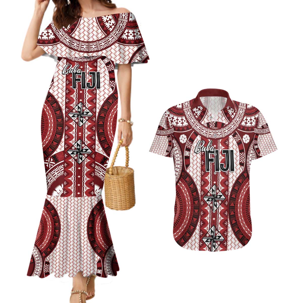 Bula Fiji Vintage Couples Matching Mermaid Dress and Hawaiian Shirt Scarlet Masi Motifs LT7 Scarlet - Polynesian Pride