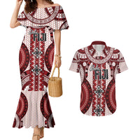 Bula Fiji Vintage Couples Matching Mermaid Dress and Hawaiian Shirt Scarlet Masi Motifs LT7 Scarlet - Polynesian Pride