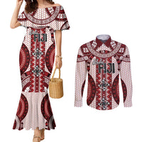 Bula Fiji Vintage Couples Matching Mermaid Dress and Long Sleeve Button Shirt Scarlet Masi Motifs