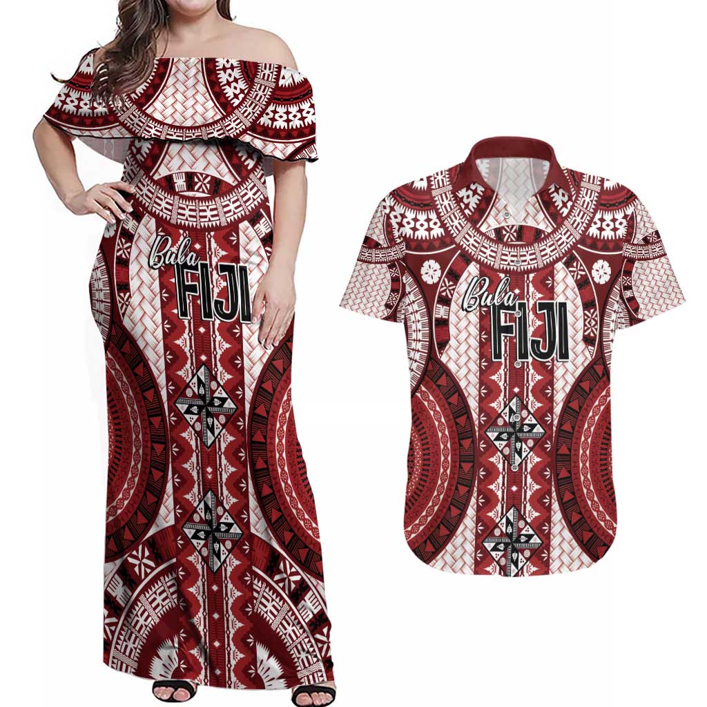 Bula Fiji Vintage Couples Matching Off Shoulder Maxi Dress and Hawaiian Shirt Scarlet Masi Motifs LT7 Scarlet - Polynesian Pride