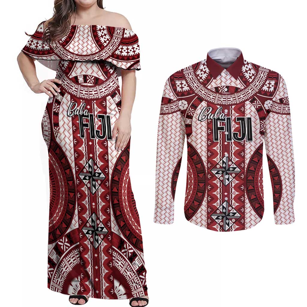 Bula Fiji Vintage Couples Matching Off Shoulder Maxi Dress and Long Sleeve Button Shirt Scarlet Masi Motifs