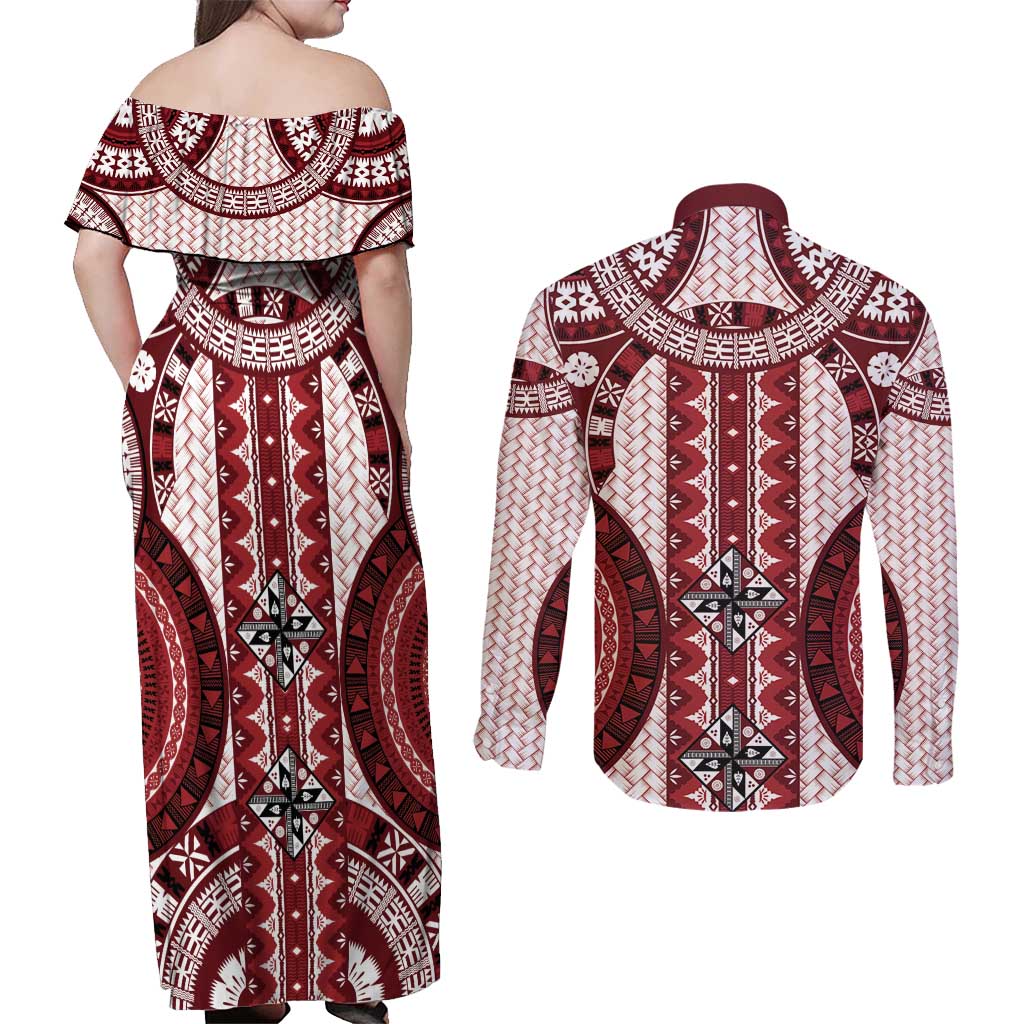 Bula Fiji Vintage Couples Matching Off Shoulder Maxi Dress and Long Sleeve Button Shirt Scarlet Masi Motifs