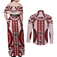 Bula Fiji Vintage Couples Matching Off Shoulder Maxi Dress and Long Sleeve Button Shirt Scarlet Masi Motifs