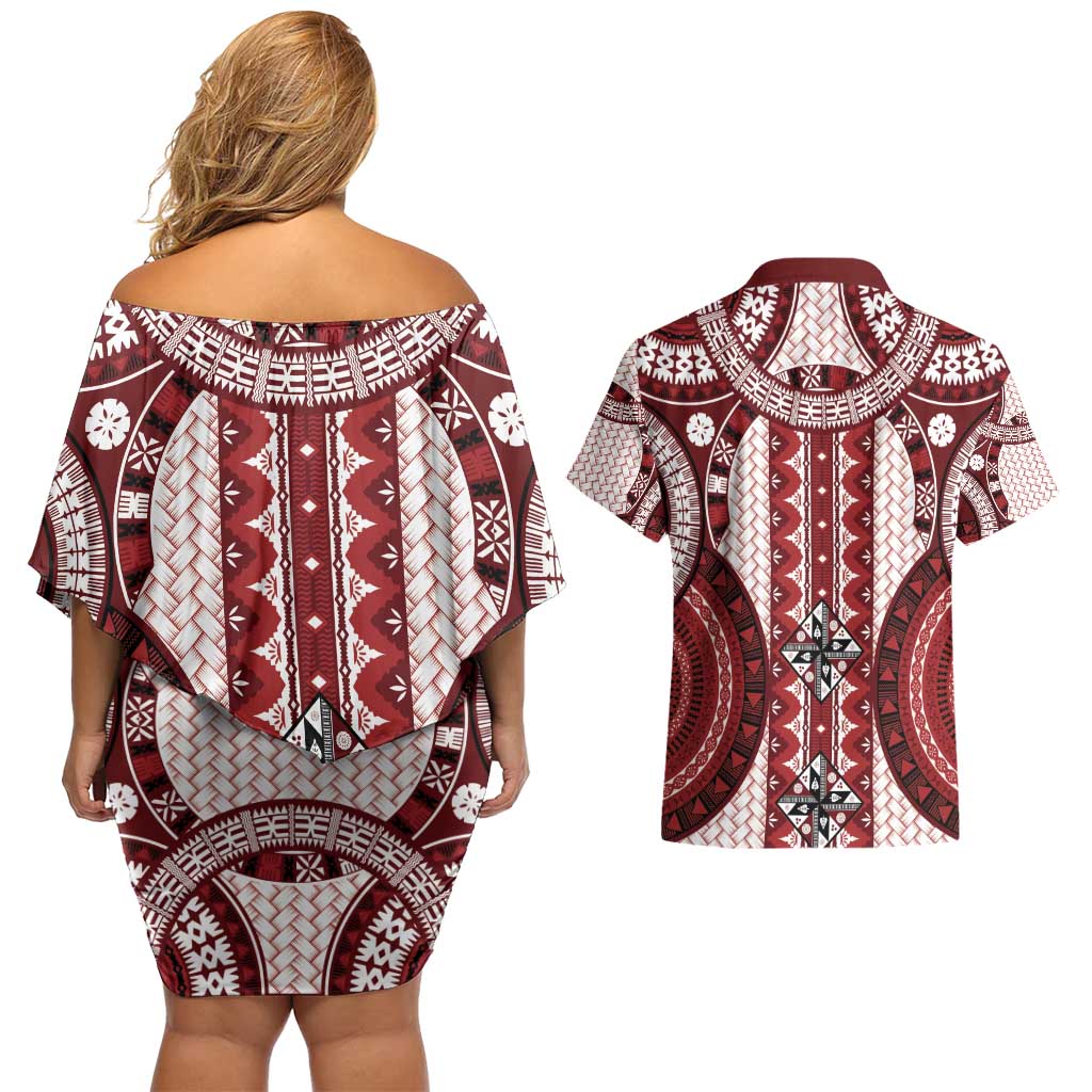 Bula Fiji Vintage Couples Matching Off Shoulder Short Dress and Hawaiian Shirt Scarlet Masi Motifs LT7 - Polynesian Pride