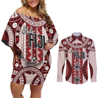Bula Fiji Vintage Couples Matching Off Shoulder Short Dress and Long Sleeve Button Shirt Scarlet Masi Motifs