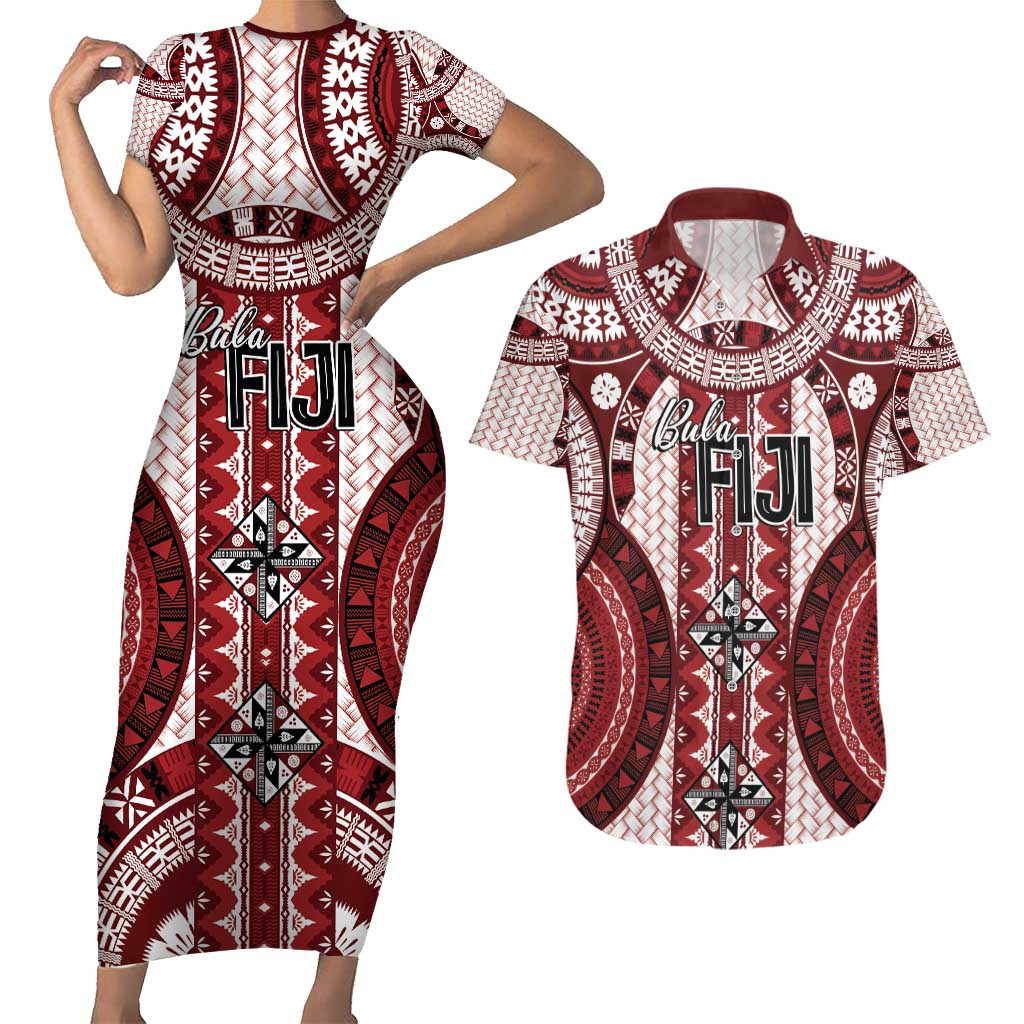 Bula Fiji Vintage Couples Matching Short Sleeve Bodycon Dress and Hawaiian Shirt Scarlet Masi Motifs LT7 Scarlet - Polynesian Pride