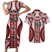 Bula Fiji Vintage Couples Matching Short Sleeve Bodycon Dress and Hawaiian Shirt Scarlet Masi Motifs LT7 Scarlet - Polynesian Pride