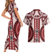 Bula Fiji Vintage Couples Matching Short Sleeve Bodycon Dress and Hawaiian Shirt Scarlet Masi Motifs LT7 - Polynesian Pride