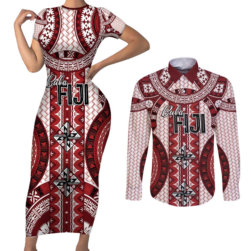 Bula Fiji Vintage Couples Matching Short Sleeve Bodycon Dress and Long Sleeve Button Shirt Scarlet Masi Motifs LT7 Scarlet - Polynesian Pride