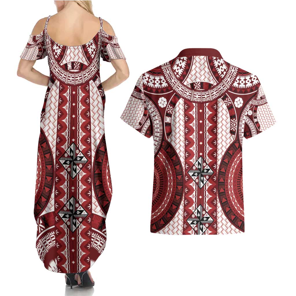 Bula Fiji Vintage Couples Matching Summer Maxi Dress and Hawaiian Shirt Scarlet Masi Motifs LT7 - Polynesian Pride