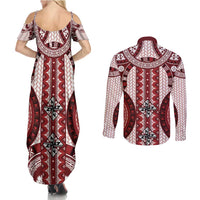 Bula Fiji Vintage Couples Matching Summer Maxi Dress and Long Sleeve Button Shirt Scarlet Masi Motifs