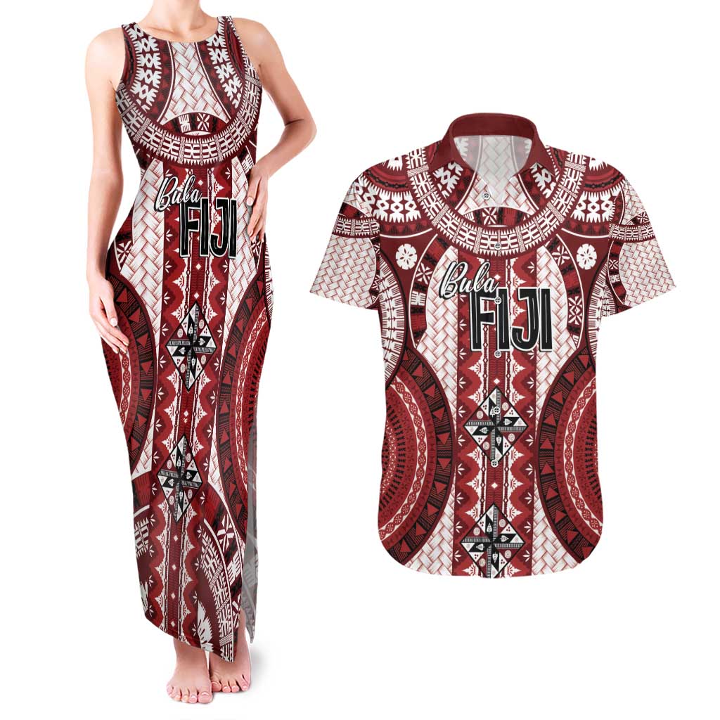 Bula Fiji Vintage Couples Matching Tank Maxi Dress and Hawaiian Shirt Scarlet Masi Motifs LT7 Scarlet - Polynesian Pride