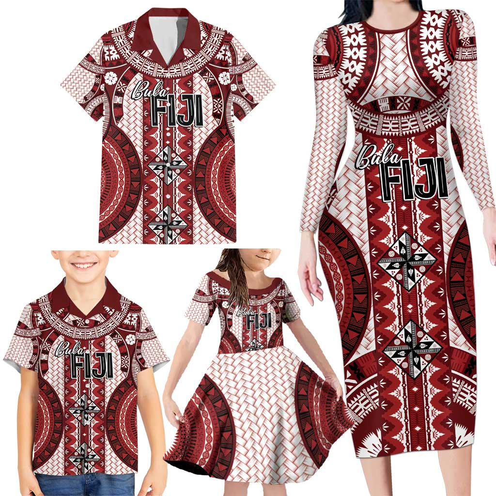 Bula Fiji Vintage Family Matching Long Sleeve Bodycon Dress and Hawaiian Shirt Scarlet Masi Motifs LT7 - Polynesian Pride