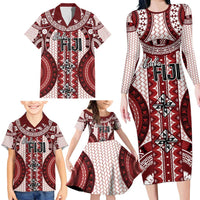 Bula Fiji Vintage Family Matching Long Sleeve Bodycon Dress and Hawaiian Shirt Scarlet Masi Motifs LT7 - Polynesian Pride