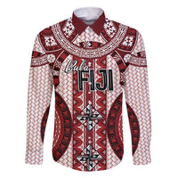 Bula Fiji Vintage Family Matching Long Sleeve Bodycon Dress and Hawaiian Shirt Scarlet Masi Motifs LT7 Dad's Shirt - Long Sleeve Scarlet - Polynesian Pride