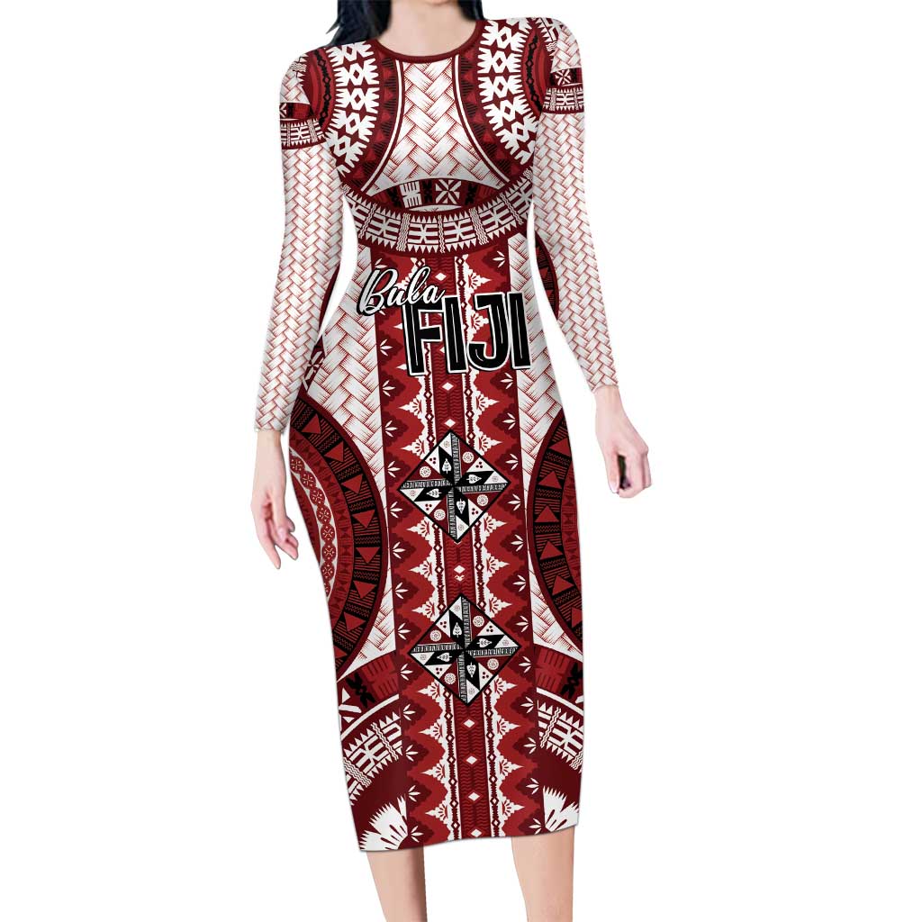 Bula Fiji Vintage Family Matching Long Sleeve Bodycon Dress and Hawaiian Shirt Scarlet Masi Motifs LT7 Mom's Dress Scarlet - Polynesian Pride