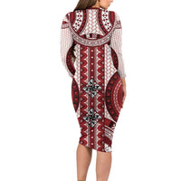 Bula Fiji Vintage Family Matching Long Sleeve Bodycon Dress and Hawaiian Shirt Scarlet Masi Motifs LT7 - Polynesian Pride