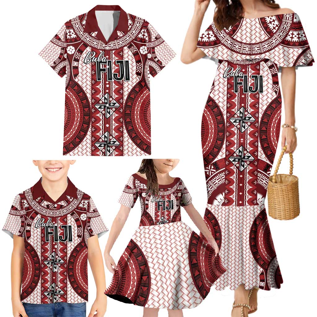 Bula Fiji Vintage Family Matching Mermaid Dress and Hawaiian Shirt Scarlet Masi Motifs