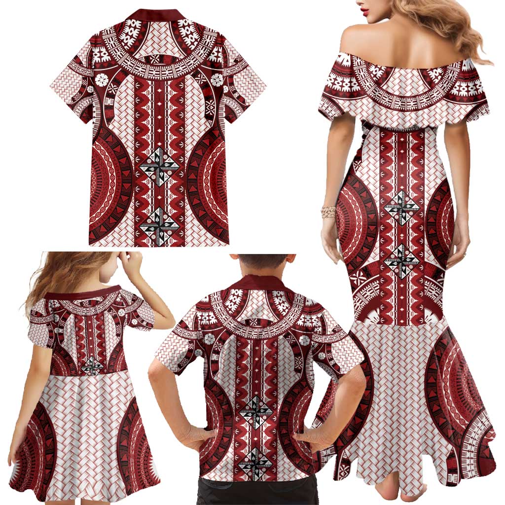 Bula Fiji Vintage Family Matching Mermaid Dress and Hawaiian Shirt Scarlet Masi Motifs LT7 - Polynesian Pride