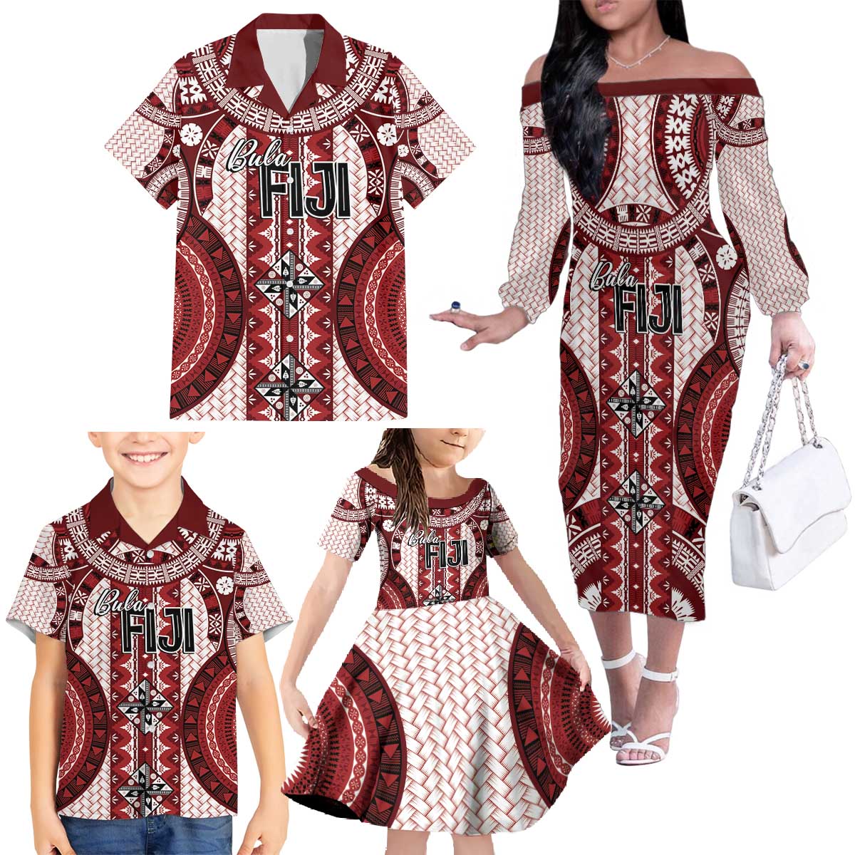 Bula Fiji Vintage Family Matching Off The Shoulder Long Sleeve Dress and Hawaiian Shirt Scarlet Masi Motifs LT7 - Polynesian Pride