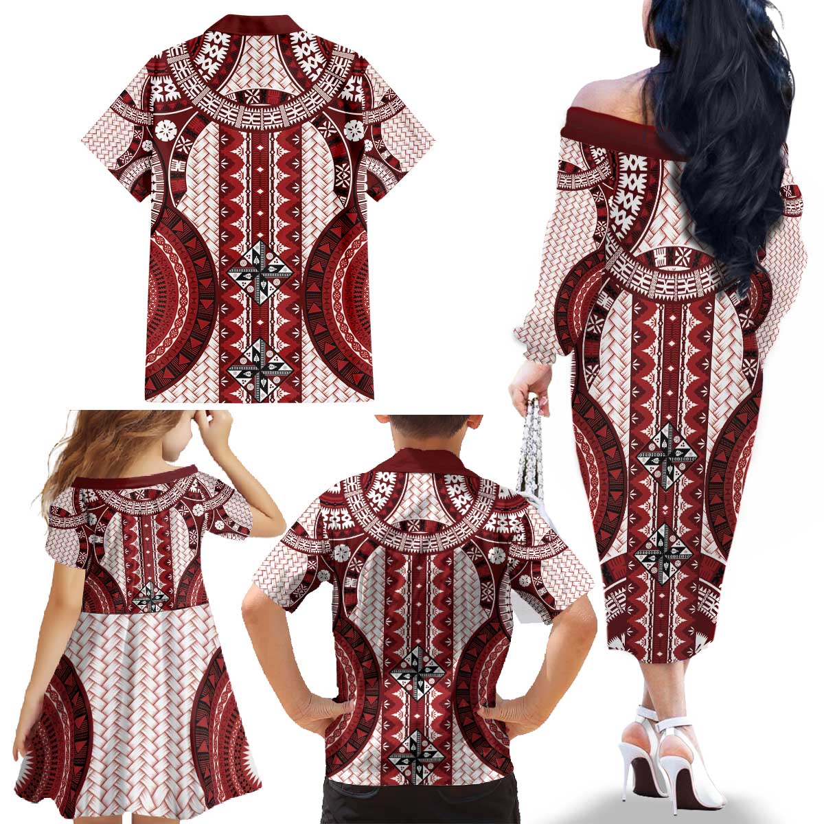 Bula Fiji Vintage Family Matching Off The Shoulder Long Sleeve Dress and Hawaiian Shirt Scarlet Masi Motifs LT7 - Polynesian Pride