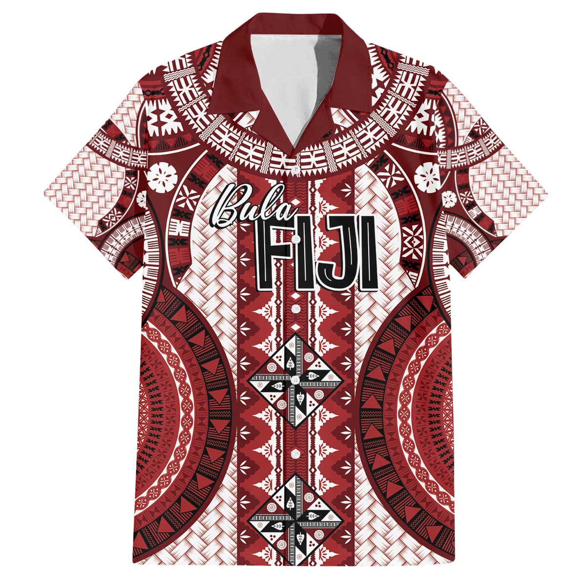 Bula Fiji Vintage Family Matching Off The Shoulder Long Sleeve Dress and Hawaiian Shirt Scarlet Masi Motifs LT7 Dad's Shirt - Short Sleeve Scarlet - Polynesian Pride