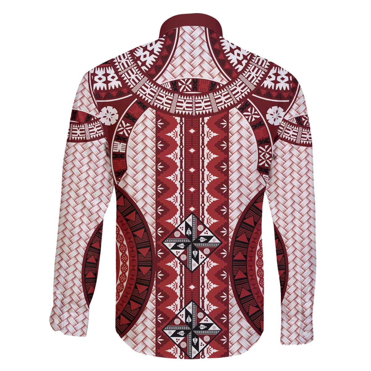 Bula Fiji Vintage Family Matching Off The Shoulder Long Sleeve Dress and Hawaiian Shirt Scarlet Masi Motifs LT7 - Polynesian Pride